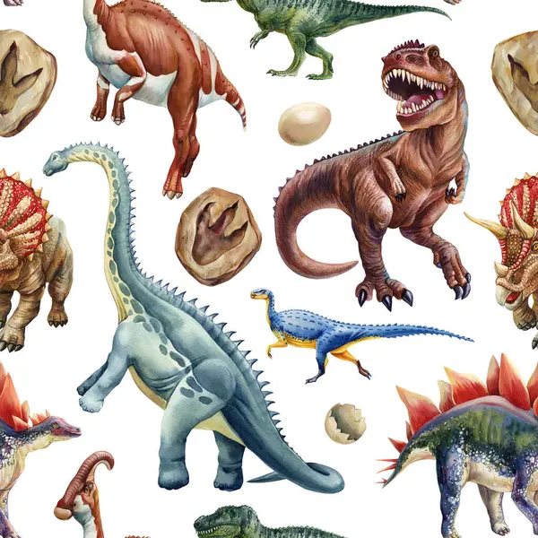 Tyrannosaurus brachiosaurus Stegosaurs ve fosil baskılı dikişsiz dinozor desenli Vintage arka plan. Yüksek kaliteli illüstrasyon