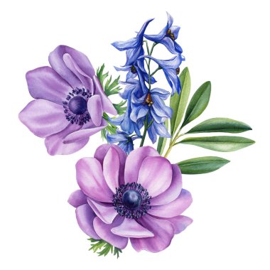 Mavi desenli ve yeşil yapraklı mor şakayıklar suluboya çiçek buketi botanik bahar illüstrasyon klipleri. Yüksek kaliteli illüstrasyon