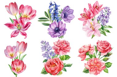 Lale zambaklarıyla suluboya çiçek demeti zambaklar leylak rengi şakayık bahar çiçekleri botanik koleksiyonu. Yüksek kalite fotoğraf