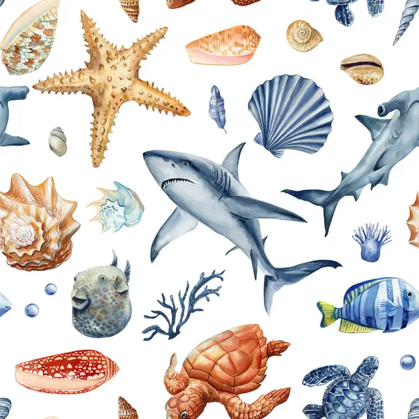  Köpekbalıklarıyla suluboya desenli deniz kaplumbağaları tropik balık kabukları deniz yıldızları ve beyaz üzerinde deniz hayvanları. Yüksek kaliteli illüstrasyon