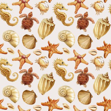Deniz kaplumbağası yengeci deniz atı ve sıcak bej kahverengi tonlarda okyanus kabukları ile kusursuz suluboya deseni. Yüksek kaliteli illüstrasyon