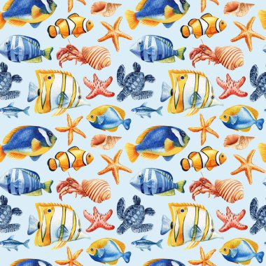 Tropikal balık deniz kaplumbağaları, yengeç, deniz yıldızı ve deniz kabuğu temalı suluboya desenleri. Yüksek kaliteli illüstrasyon