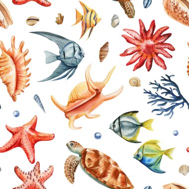 Beyaz arka planda tropikal balık deniz kaplumbağası mercan kabukları ve okyanus elementleriyle renksiz suluboya deseni. Yüksek kaliteli illüstrasyon