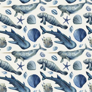 Denizgergedanı denizayısı köpekbalığı mavi deniz kabukları ve kutup okyanus temalı deniz hayvanlarıyla kusursuz suluboya deseni. Yüksek kaliteli illüstrasyon