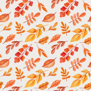 Sonbahar suluboya yaprakları mevsimsel sonbahar tasarımı ve dekorasyonu için beyaz üzerine izole edilmiş ılık turuncu ve kırmızı tonlarda. Yüksek kaliteli illüstrasyon