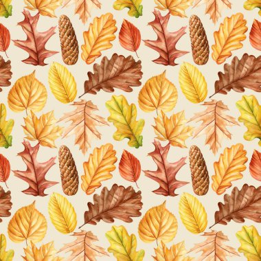 Akçaağaç ve kestane yapraklı suluboya sonbahar deseni sarı turuncu ve kahverengi mevsimlik dizaynlı çam kozalağı. Yüksek kaliteli illüstrasyon