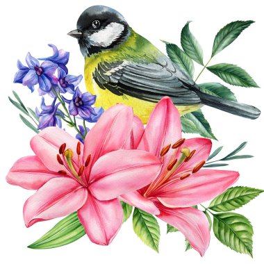 Great Tit Bird with Pink Lilies and Purple Flowers, Watercolor Botanical Spring Garden Illustration, Floral Nature Art on White. High quality illustration