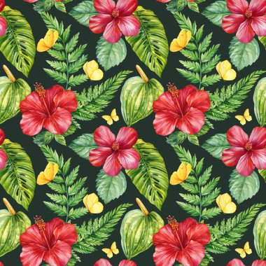 Yeşil palmiye yapraklı kırmızı amber çiçekleri ve sarı kelebekler suluboya tropikal çiçekleri tasarım için kusursuz desenler. Yüksek kaliteli illüstrasyon