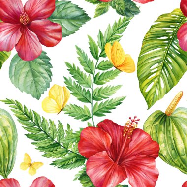 Yeşil palmiye yapraklı kırmızı amber çiçekleri ve sarı kelebekler suluboya tropikal çiçekleri tasarım için kusursuz desenler. Yüksek kaliteli illüstrasyon