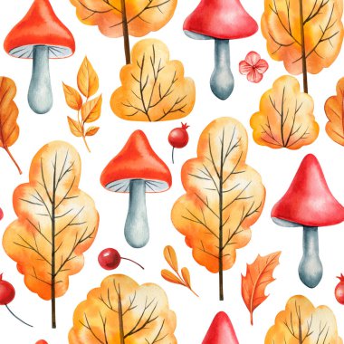 Kırmızı mantarlı suluboya sonbahar orman deseni. Sarı yapraklar ve beyaz arka planda mevsimsel tasarım için böğürtlenler. Yüksek kaliteli illüstrasyon
