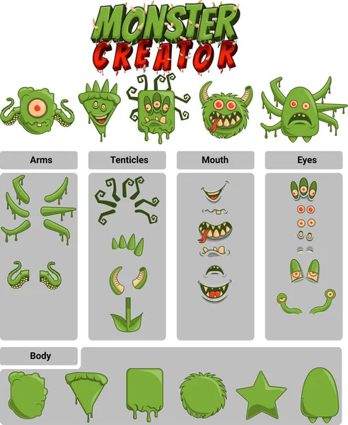 stock vector Introducing our vector based Monster Creator design set that allows you to create your own monsters with just a few clicks. With this powerful set you can select from a variety of pre designed body