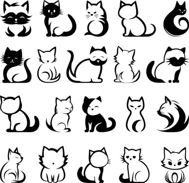 Stylistik Kediler ve Kedi Amblemleri. Tek renk minimalist vektör simgelerinden oluşan bir koleksiyon. Her bir simge, zihninde basitlik olan izole bir nesnedir..