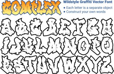 A Cool Graffiti Styled Letter Font Alphabet - Complex....Each letter is a separate object so simply drag letters to form your own words. ..This remarkable cool alphabet is the perfect font to use for clipart