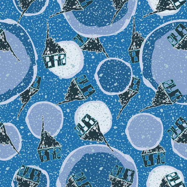 摘要雪球无缝矢量图解在蓝色阴影与可爱的房子和降雪 非常适合季节性包装纸 装饰品和贺卡 — 图库矢量图片