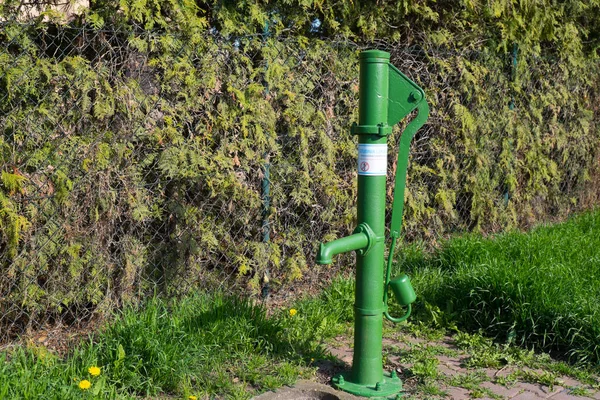 An old-fashioned iron water pump used to pump water from an underground steam or well in a residential yard.