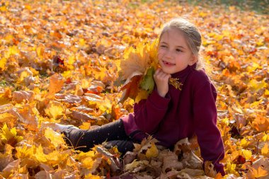 6-8 yaşındaki güzel bir kızın portresi. Uzun sarı saçlı. Sokakta sarı yapraklar var. Mutlu bir kız bir buket sarı yaprak toplar..