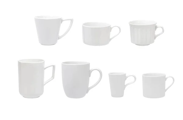 Різні Білі Чашки Кави Білому Відсічним Контуром — стокове фото