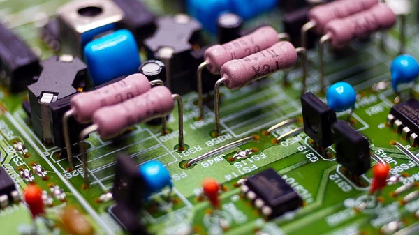 Électronique Bord Des Circuits Électriques Gros Plan Concentration Sélective — Photo