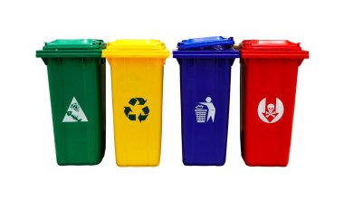 bin, types of rubbish, separated by its color, Rubbish Bin, Green, recyclable waste, Yellow, general waste, Blue, hazardous waste, Red, Trash bins come in many colors to separate categories. clipart