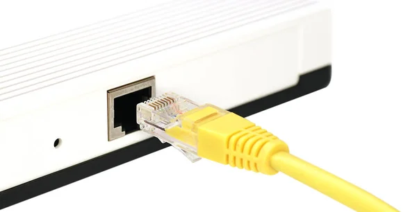 Réseau Lan Connexion Internet Câble Ethernet Rj45 Avec Routeur Modem — Photo