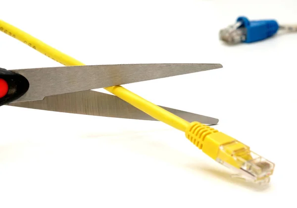 Scissors Cutting Network Cable Network Connection Plug Lan — Stock Photo, Image