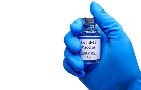 Doktorun Eli Mavi Eldiven Giyiyor Aşıyı Tutuyor Kırpma Yolu Beyaz — Stok fotoğraf