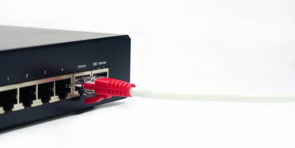 Réseau Lan Connexion Internet Câble Ethernet Rj45 Avec Routeur Modem — Photo
