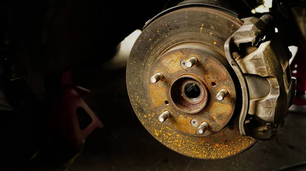 Rusted disc brake and caliper on car,Disc brakes, old cars, rust, safety, auto parts.