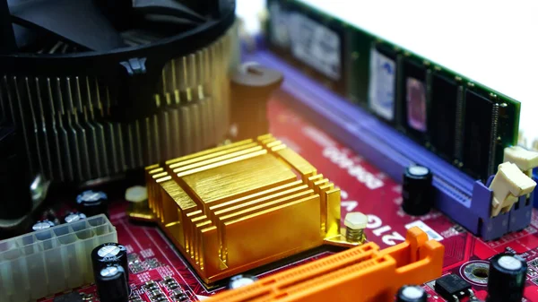 stock image Electronics on board electrical circuits, closeup shot. Selective focus.