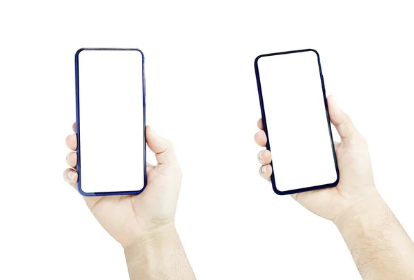 男性手持带有空白屏幕的智能手机 与白色背景隔离 — 图库照片