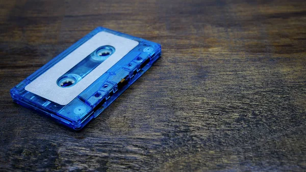 Blue Cassette Tape Wood Background — Stock Photo, Image