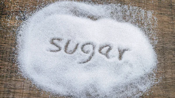 Açúcar Inscrição Transformado Pilha Açúcar Branco Granulado — Fotografia de Stock