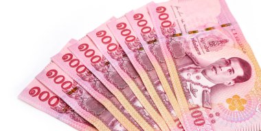 Tayland parası 100 baht banknot. Tayland banknotları. Thai 100 baht ile para geçmişi. İş konsepti, finans. Tayland banknotları..