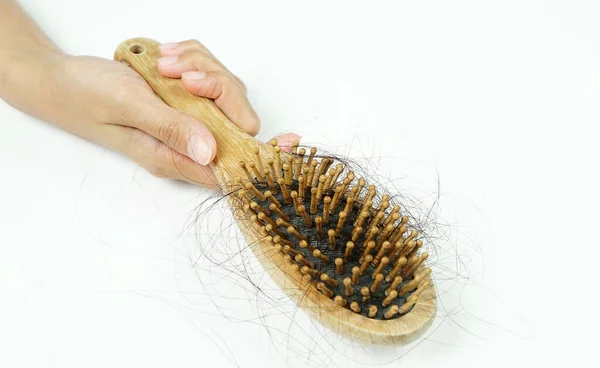 Many Hair Fall Combing Hairbrush Females Hands Clean Comb Fallen — Stock Photo, Image