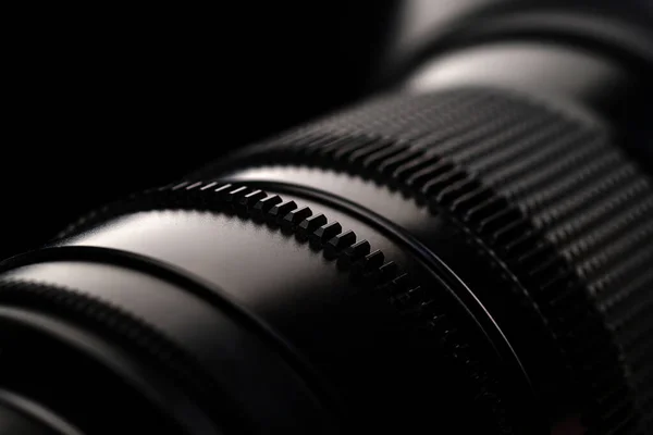 Yksityiskohta Musta Valokuva Kamera Lähikuva Metal Musta Makro Linssi — kuvapankkivalokuva