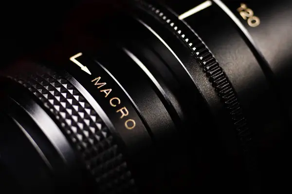 Yksityiskohta Musta Valokuva Kamera Lähikuva Metal Musta Makro Linssi — kuvapankkivalokuva