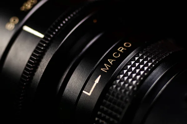 Detail Black Photo Camera Closeup Metal Black Macro Lens — Stock Photo, Image
