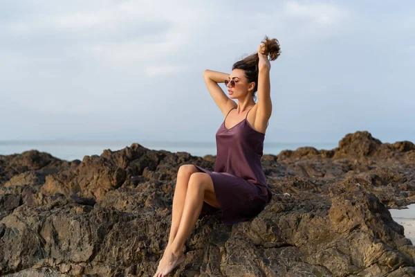 Stylish Romantic Tender Sensual Woman Silk Dress Sunglasses Beach Sunset — Stock Photo, Image