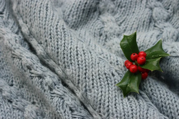 小冬青枝 多红色浆果 针织编织羊毛图案 有复制空间 圣诞节背景 — 图库照片