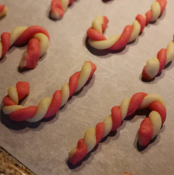 Close Many Christmas Cookies Shape Candy Cane Baking Tray Ready — Stock Photo, Image