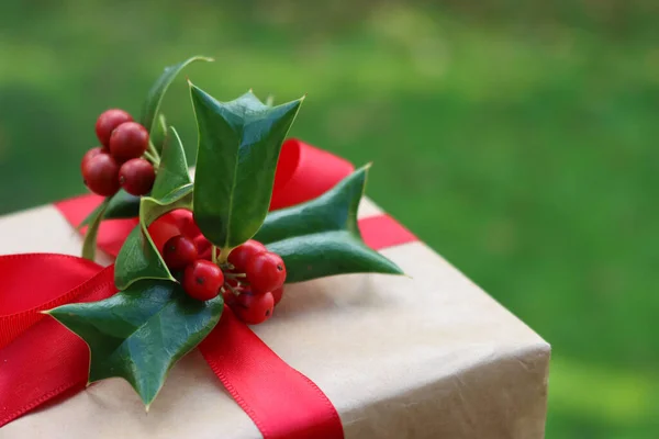 Різдвяний Подарунок Прикрасою Холлі Червоними Ягодами Зеленому Розмитому Фоні Копією — стокове фото