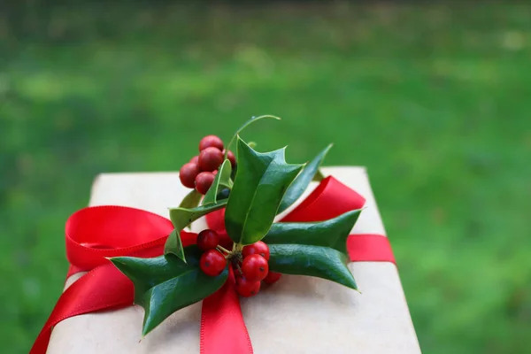 Χριστουγεννιάτικο Δώρο Holly Διακόσμηση Κόκκινα Μούρα Ένα Πράσινο Θολή Φόντο — Φωτογραφία Αρχείου