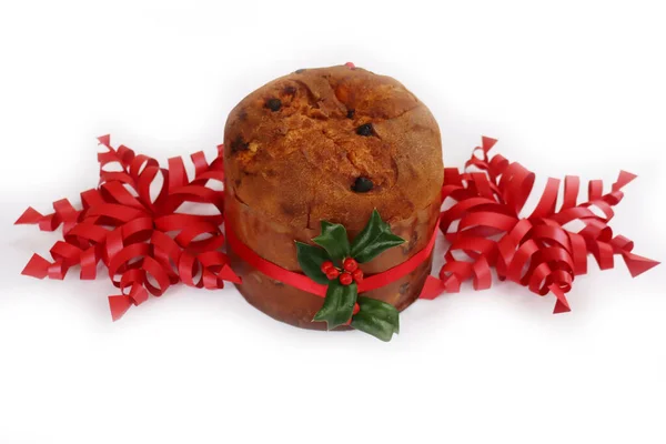 Traditional Italian Christmas Cake Called Panettone Red Festive Decorations Holly — Stock Photo, Image