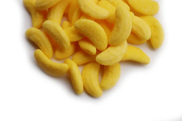 Gele Gelei Banaan Snoepjes Geïsoleerd Witte Achtergrond Kauwgom Snoep — Stockfoto