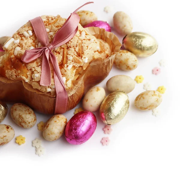 Сладкий Пасхальный Торт Имени Коломба Паскуале Красочными Шоколадными Яйцами Сахарным — стоковое фото
