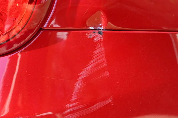 Close Red Car Dented Rear Bumber Damaged — Stock Photo, Image