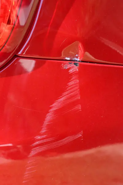 Close Red Car Dented Rear Bumber Damaged — Stock Photo, Image