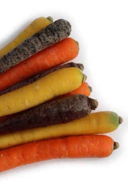 Beyaz arka planda farklı renkte havuç çeşitleri var. Organik sağlıklı gökkuşağı havuçları 