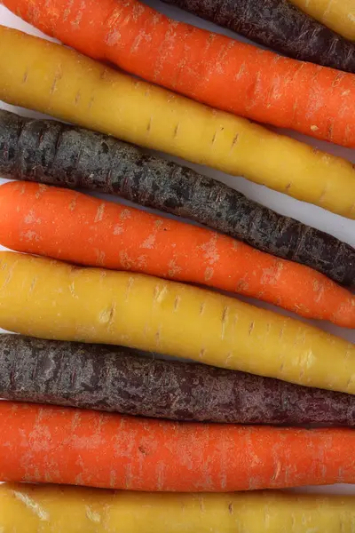 Beyaz arka planda farklı renkte havuç çeşitleri var. Organik sağlıklı gökkuşağı havuçları 