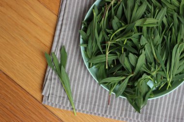 Tahta masadaki kasede duran bir avuç taze mesane kampı bitkisi. Silene vulgaris bitkileri hasat ediliyor.